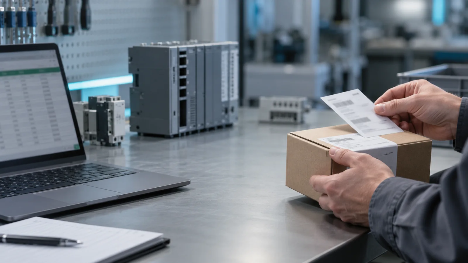 Illustrative scene of packaged product labels being checked against order documents.