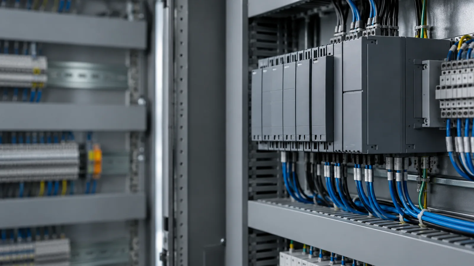 Illustrative scene of PLC and I/O modules in a control cabinet.