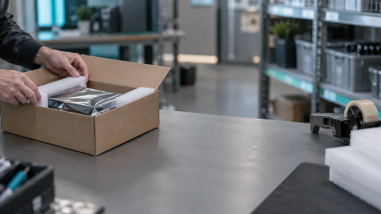 Illustrative scene of protective packaging for electronic modules.